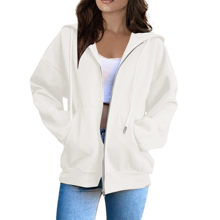 Damen nan lässige Kapuzenjacke mit durchgehendem Reißverschluss, Kängurutaschen und voluminösen Raglanärmeln Drune