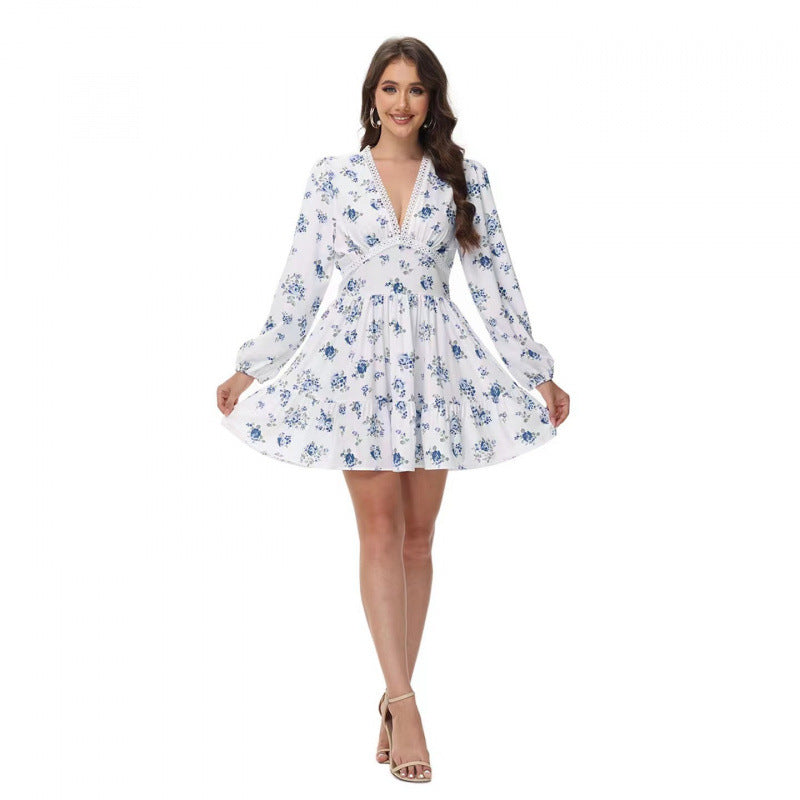 Damen Boho-florales Minikleid mit V-Ausschnitt und Puffärmeln Drune