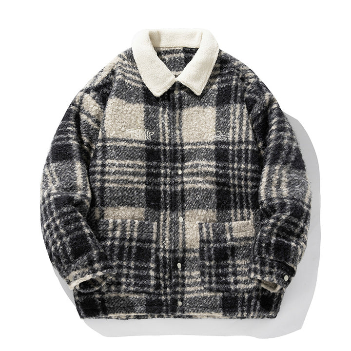 Unisex Kuschelige Teddy-Fleece-Hemdjacke im Karodesign mit Druckknopfleiste und aufgesetzten Taschen Drune