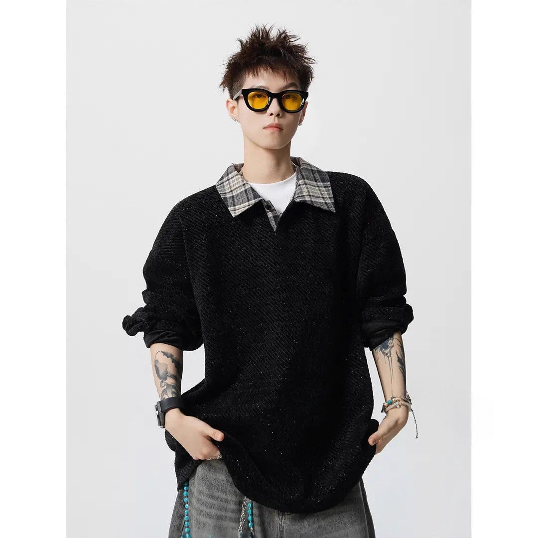 Herren Oversize Strukturiertes Sweatshirt mit Polokragen und diagonaler Strickstruktur Drune