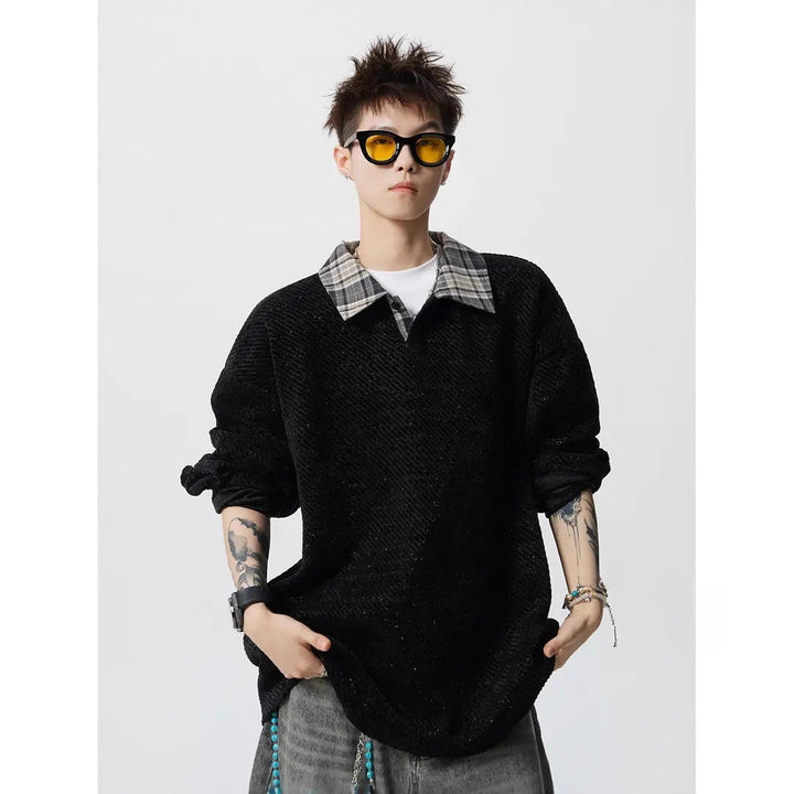 Herren Oversize Strukturiertes Sweatshirt mit Polokragen und diagonaler Strickstruktur Drune