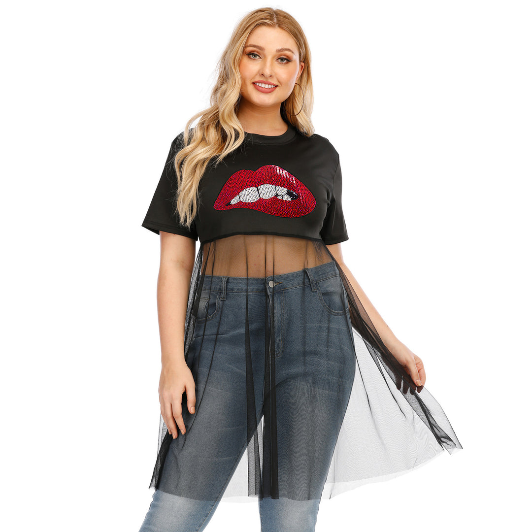 Damen modisches Crop-Top mit transparentem Überwurf und Glitzerbesatz Drune