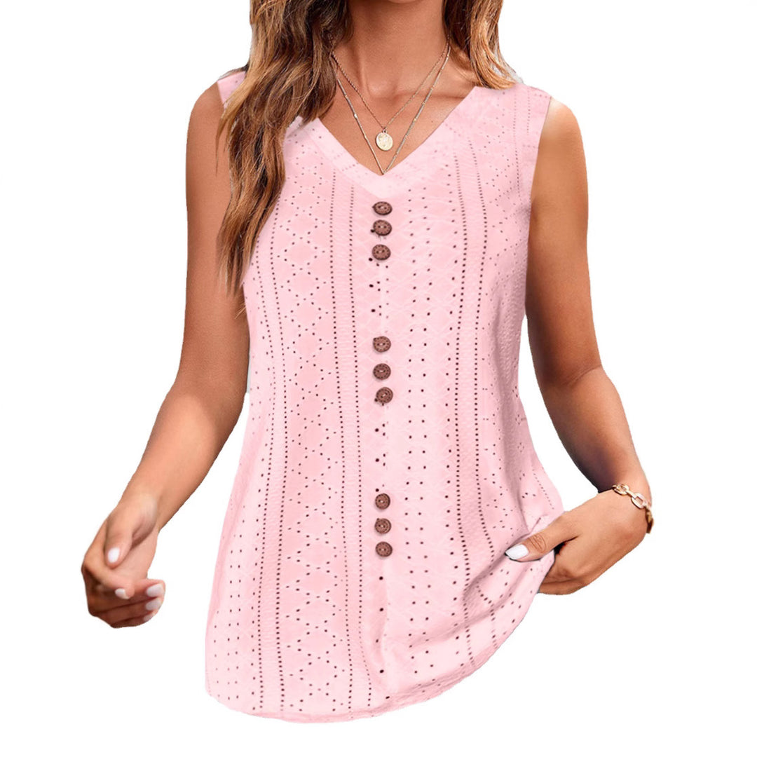 Damen nan ärmelloses Broderie-Anglaise-Top mit V-Ausschnitt und dekorativer Zierknopfleiste Drune