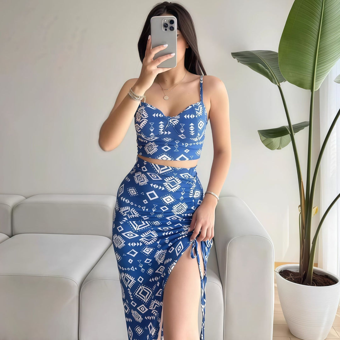 Damen Set aus Crop-Top und Knielangem Rock mit Raffungen Drune