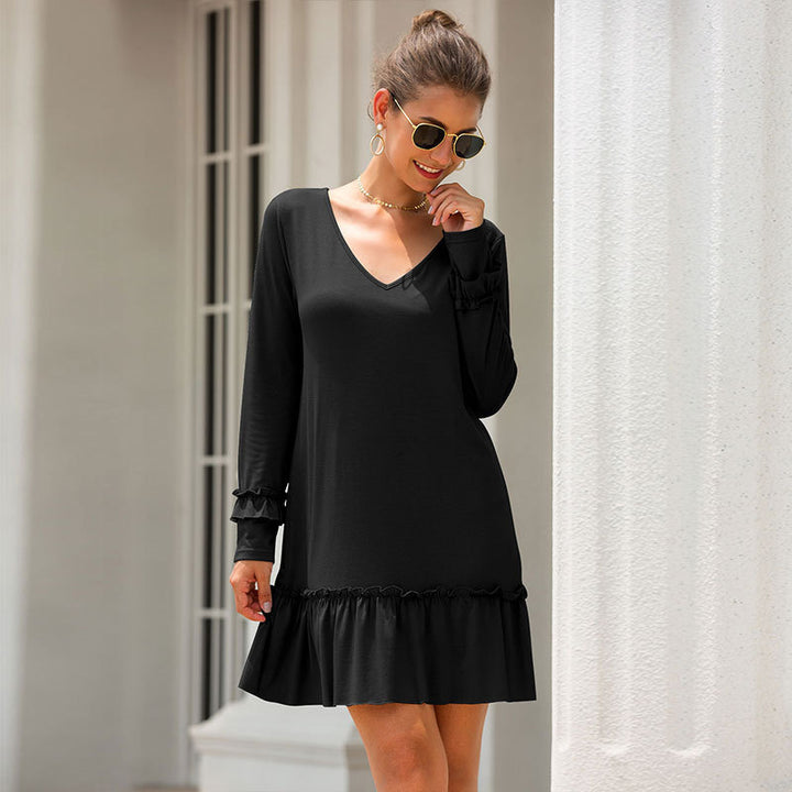 Damen Minikleid mit V-Ausschnitt und Rüschenärmel Drune