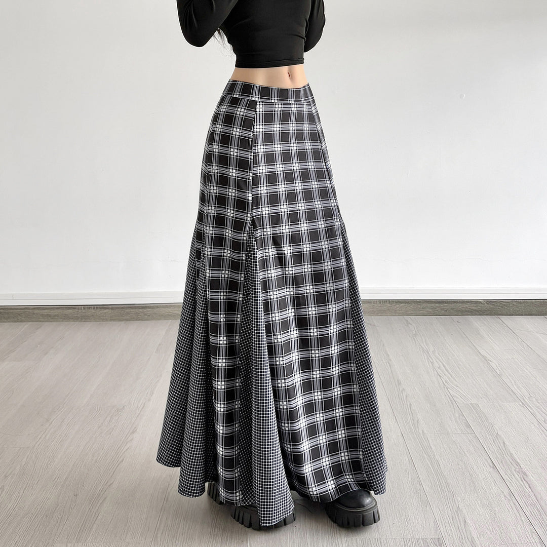 Damen Maxirock mit taillierter Passform, kontrastierenden Karopaneelen und ausgestellter Godet-Silhouette Drune