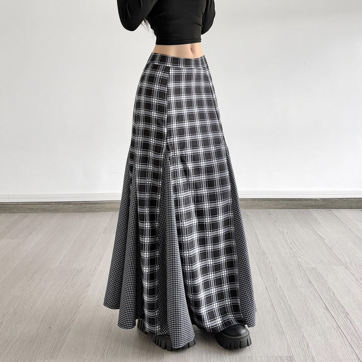 Damen Maxirock mit taillierter Passform, kontrastierenden Karopaneelen und ausgestellter Godet-Silhouette Drune