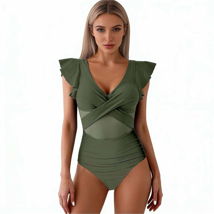 Damen Eleganter Badeanzug mit raffinierten Rüschendetails und transparenter Einsätzen Drune