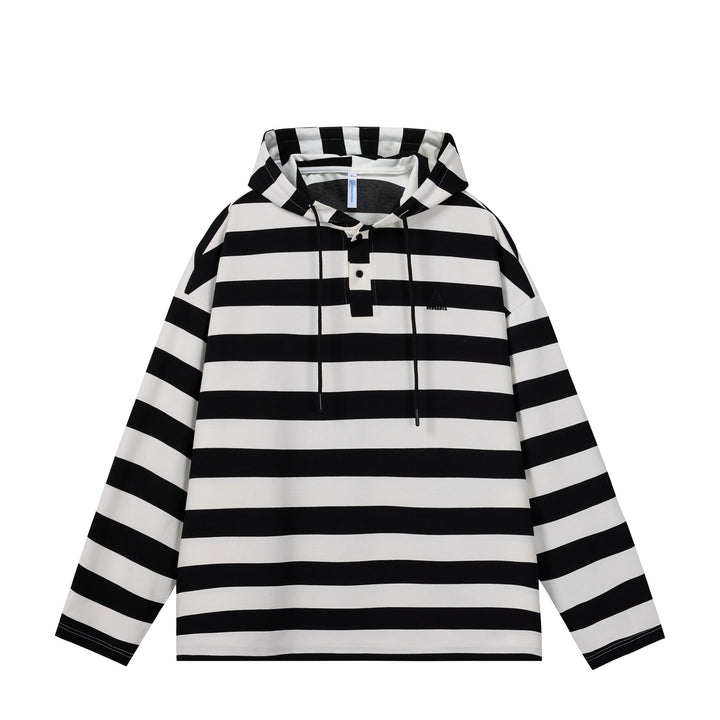 Herren Gestreiftes Kapuzen-Rugbyshirt im Oversize-Schnitt mit Knopfleiste Drune