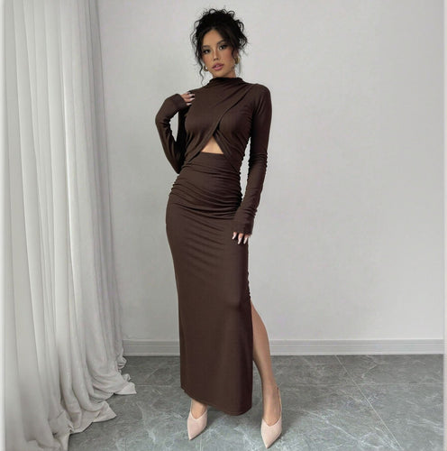 Damen geripptes Maxikleid mit gedrehtem Vorderteil Cut-Out taillierter Raffung und hohem Seitenschlitz Drune