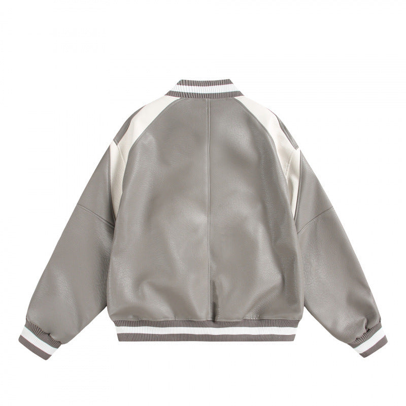 Unisex Boxy Oversize Kunstleder‑Bomberjacke mit Kontrastpaneelen und Rippenbündchen Drune