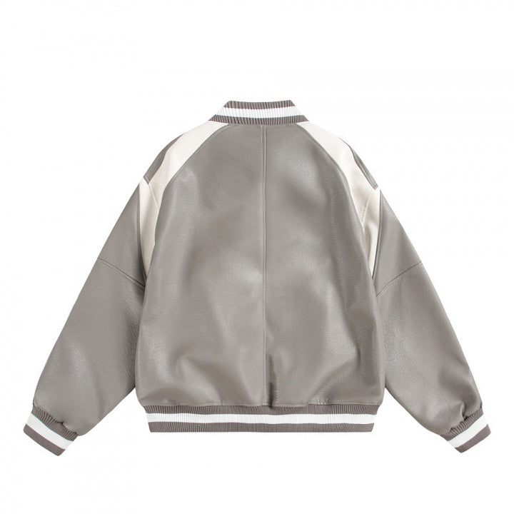 Unisex Boxy Oversize Kunstleder‑Bomberjacke mit Kontrastpaneelen und Rippenbündchen Drune