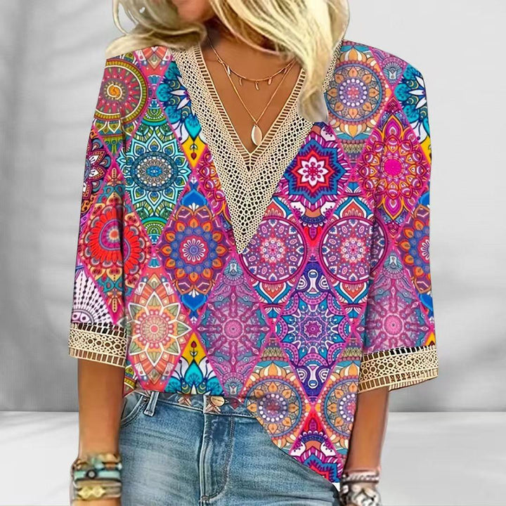 Damen nan locker fallende Mandala-Patchwork-Tunika mit tiefem V-Ausschnitt und Häkelspitzenbesatz Drune