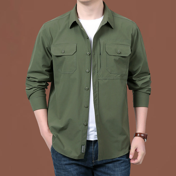Herren nan modernes Travel-Langarmhemd mit Stretch-Material, verdeckter Knopfleiste und doppelfachen Klappbrusttaschen Drune