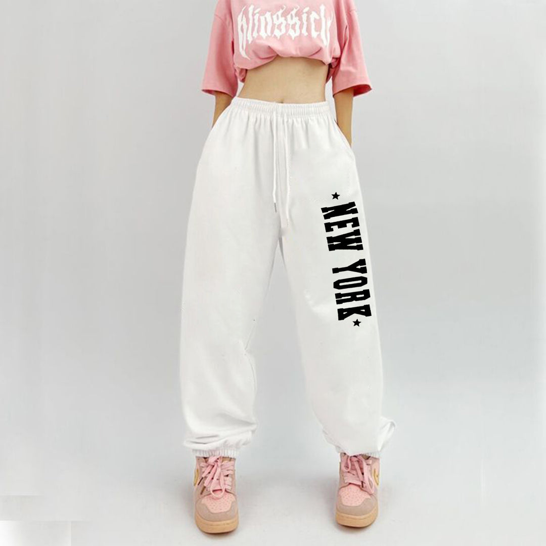 Damen nan weiche Highwaist-Sweatpants mit seitlichem New York-Print, elastischem Bund und Kordel Drune