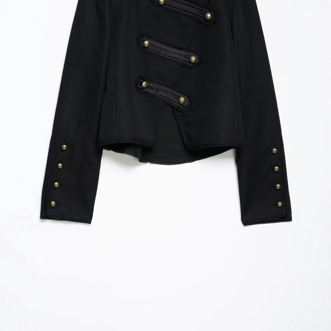 Damen Kurzgeschnittene militärisch inspirierte Jacke mit Stehkragen, Zierpatten und Metallknöpfen Drune