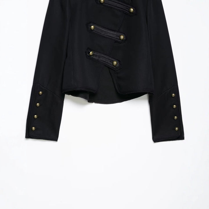 Damen Kurzgeschnittene militärisch inspirierte Jacke mit Stehkragen, Zierpatten und Metallknöpfen Drune