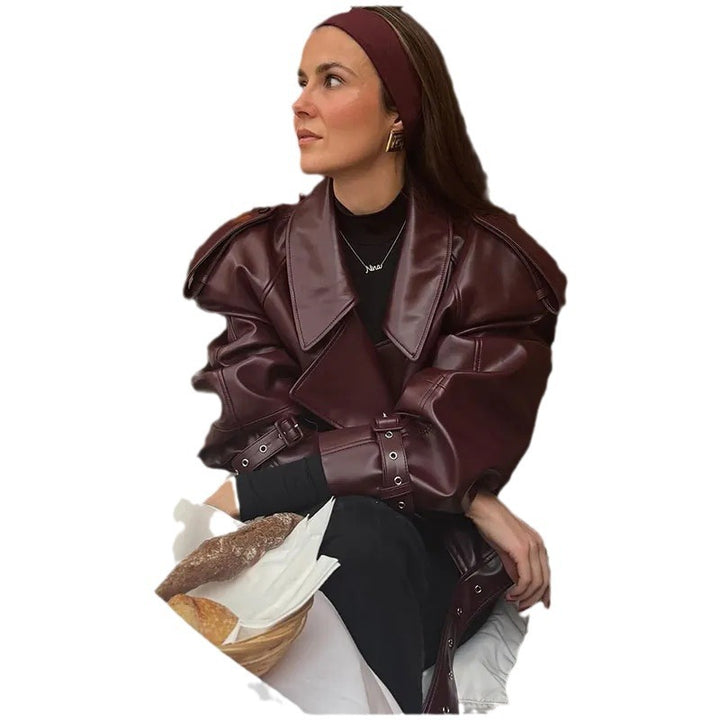 Damen modische Kunstlederjacke mit oversized Schnitt und auffälligen Schulterpartien Drune