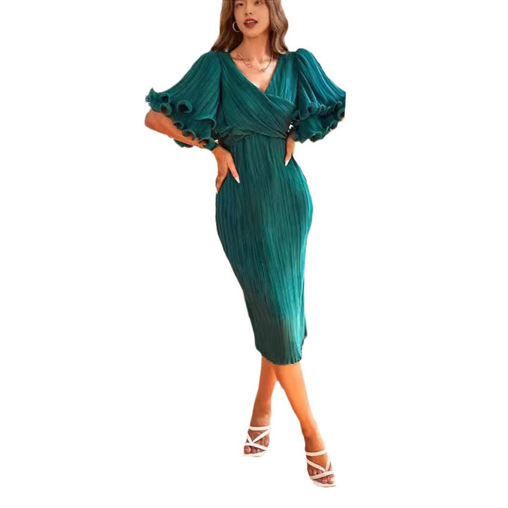 Damen Plissiertes Midi-Kleid mit voluminösen Ärmeln Drune