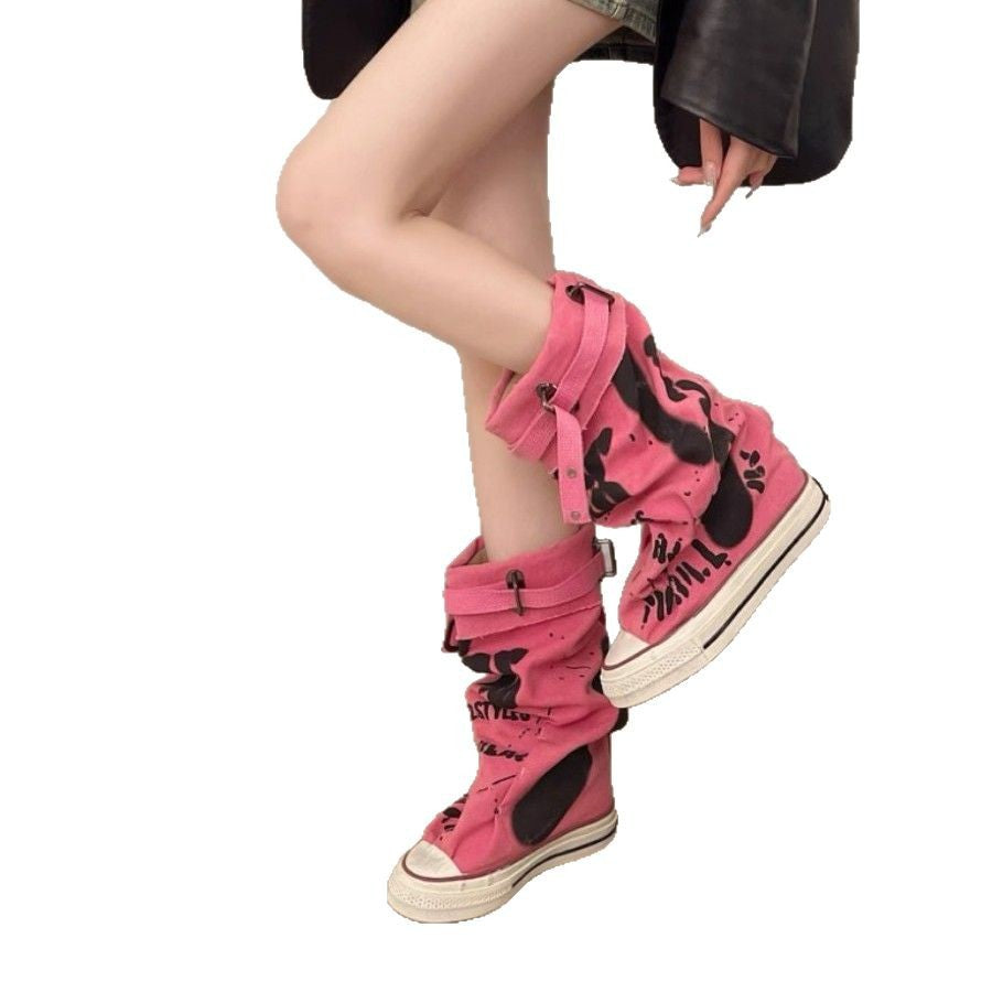 Damen Lässige Canvas-Plateau-Sneaker mit geschlitztem Schaft und Schnallenriemen Drune