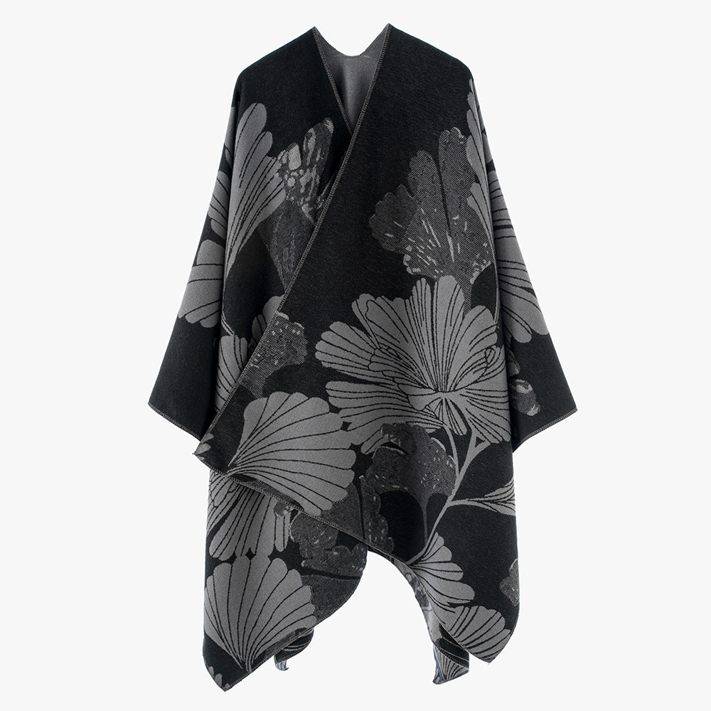 Damen Jacquard‑Capeponcho mit großflächigem Blatt‑Jacquard und offenem Wickelschnitt Drune