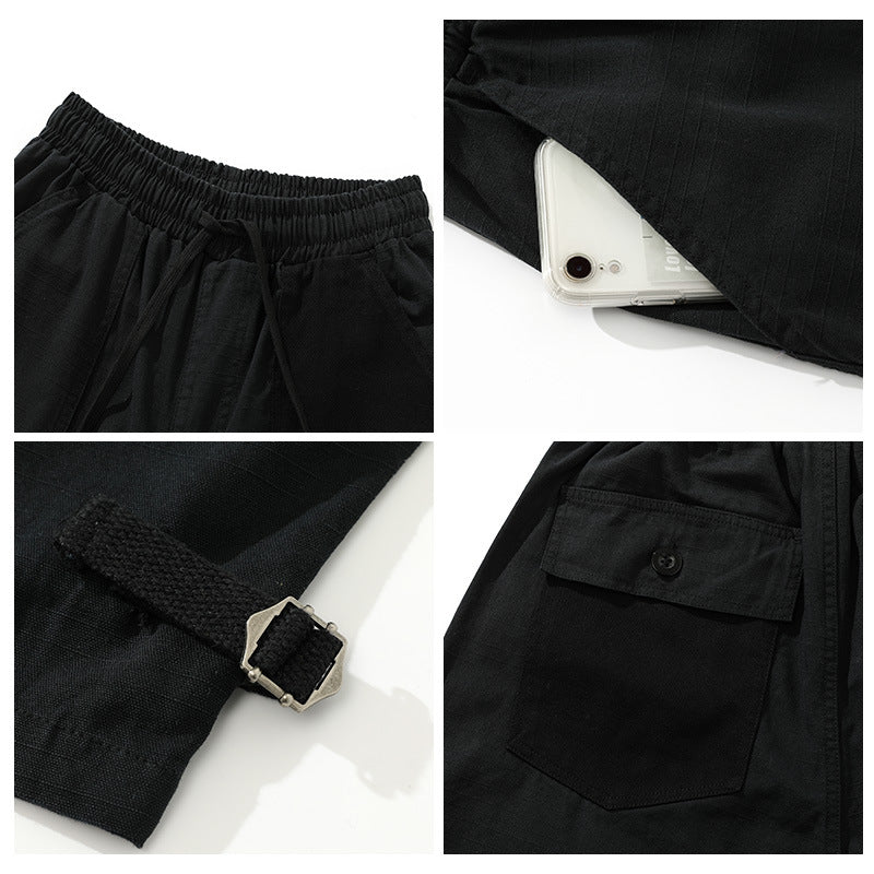 Herren weite Cropped Cargo‑Hose mit elastischem Tunnelzugbund, aufgesetzten Taschen und verstellbaren Knöchelriemen Drune