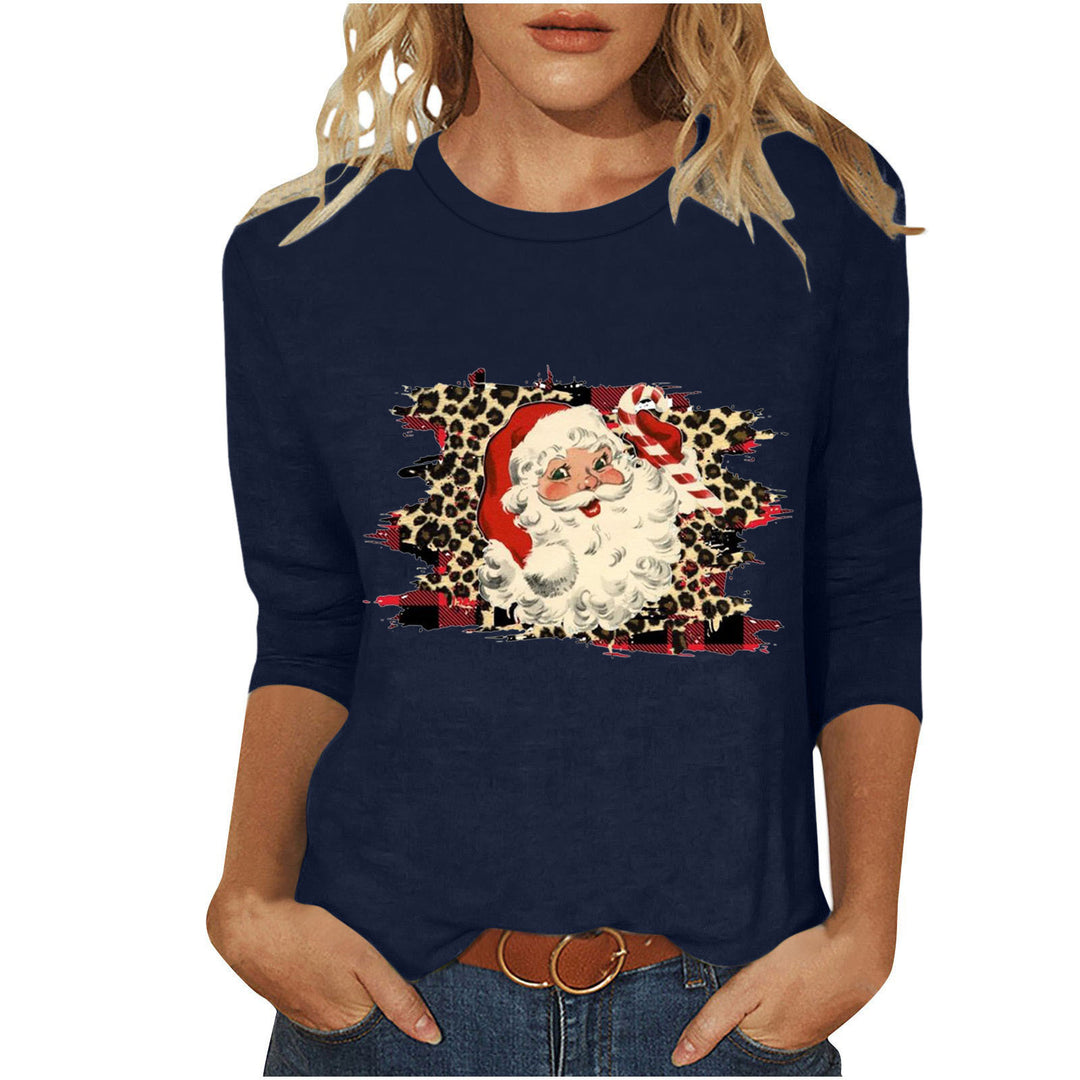 Damen nan lässiges Sweatshirt mit Retro-Weihnachtsmann-Print, Leoparden- und Karomuster und dreiviertelärmel Drune