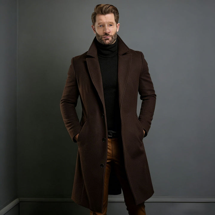 Herren Eleganter einreihiger Langmantel aus Wollmix mit schmaler Silhouette und Reverskragen Drune
