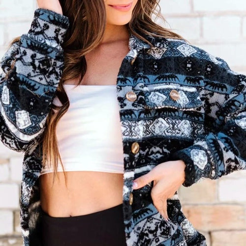 Damen Langärmlige Fleecejacke mit trendy Muster und Knopfleiste Drune