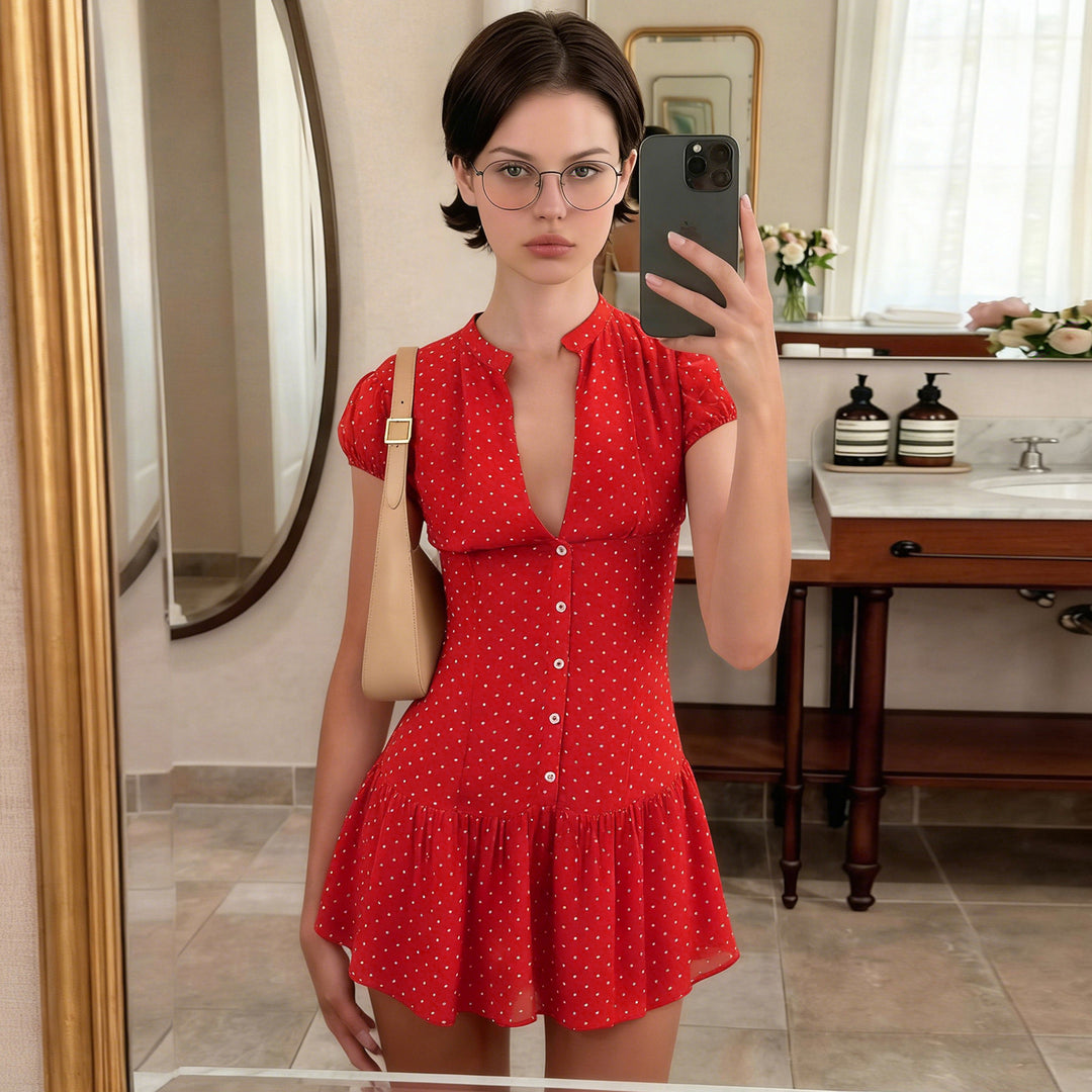 Damen Kurzarm-Kleid mit fröhlichem Punkten-Design und elegantem V-Ausschnitt Drune