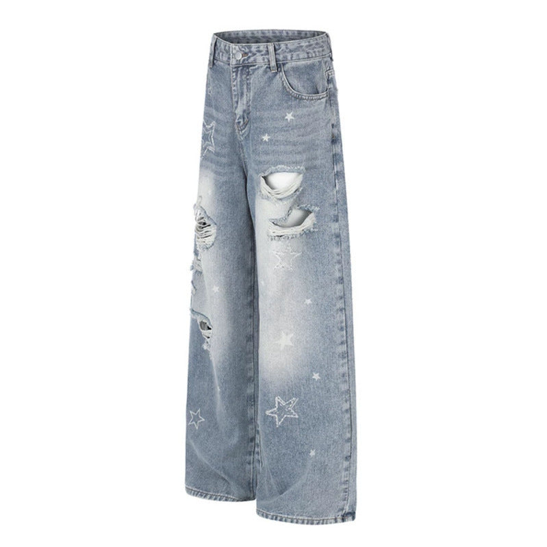 Damen Weite Distressed Palazzo-Jeans mit Stern-Stickerei Drune