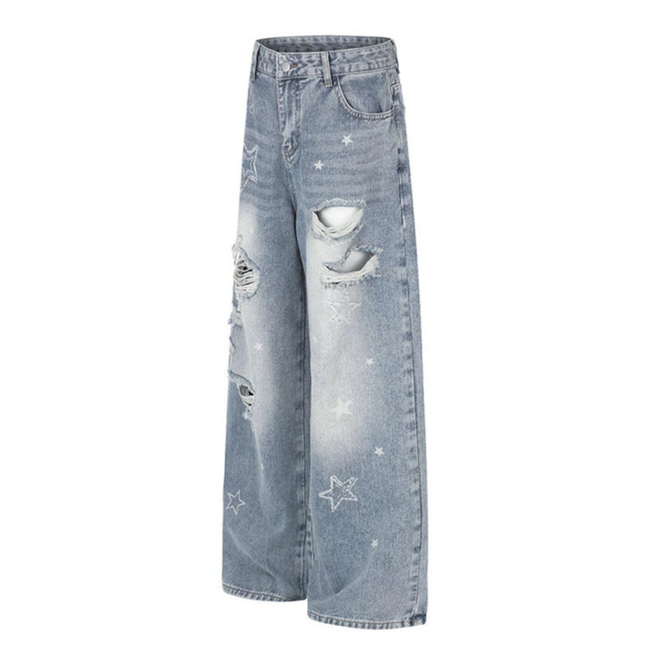 Damen Weite Distressed Palazzo-Jeans mit Stern-Stickerei Drune