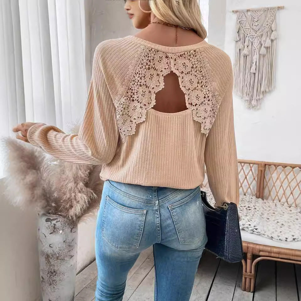 Damen nan Rippenstrick-Langarmshirt mit floraler Spitzenapplikation und markantem Rückenausschnitt Drune