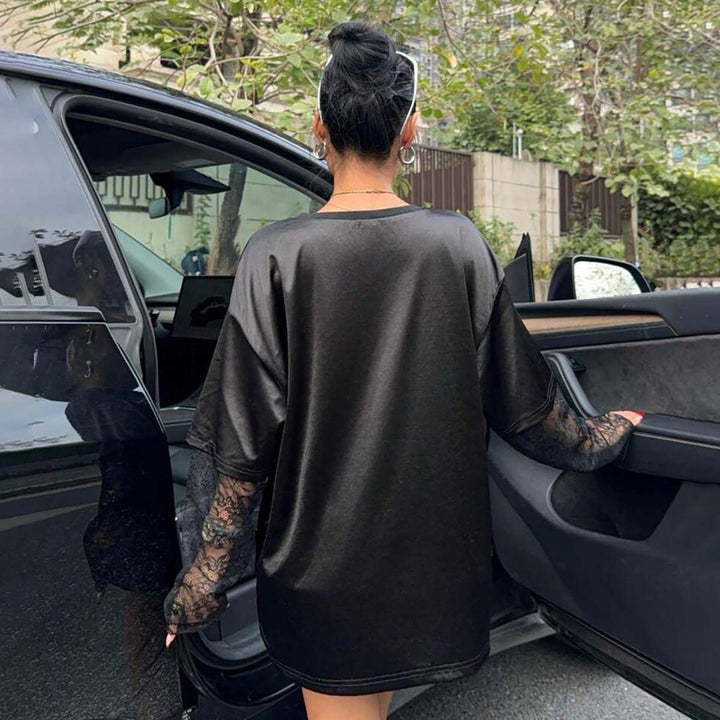 Damen Streetstyle Oversized T-Shirt mit Lace-Ärmeln Drune