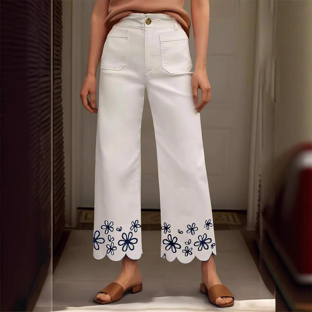 Damen Weite Culotte-Jeans mit gesticktem Blumenmuster Drune