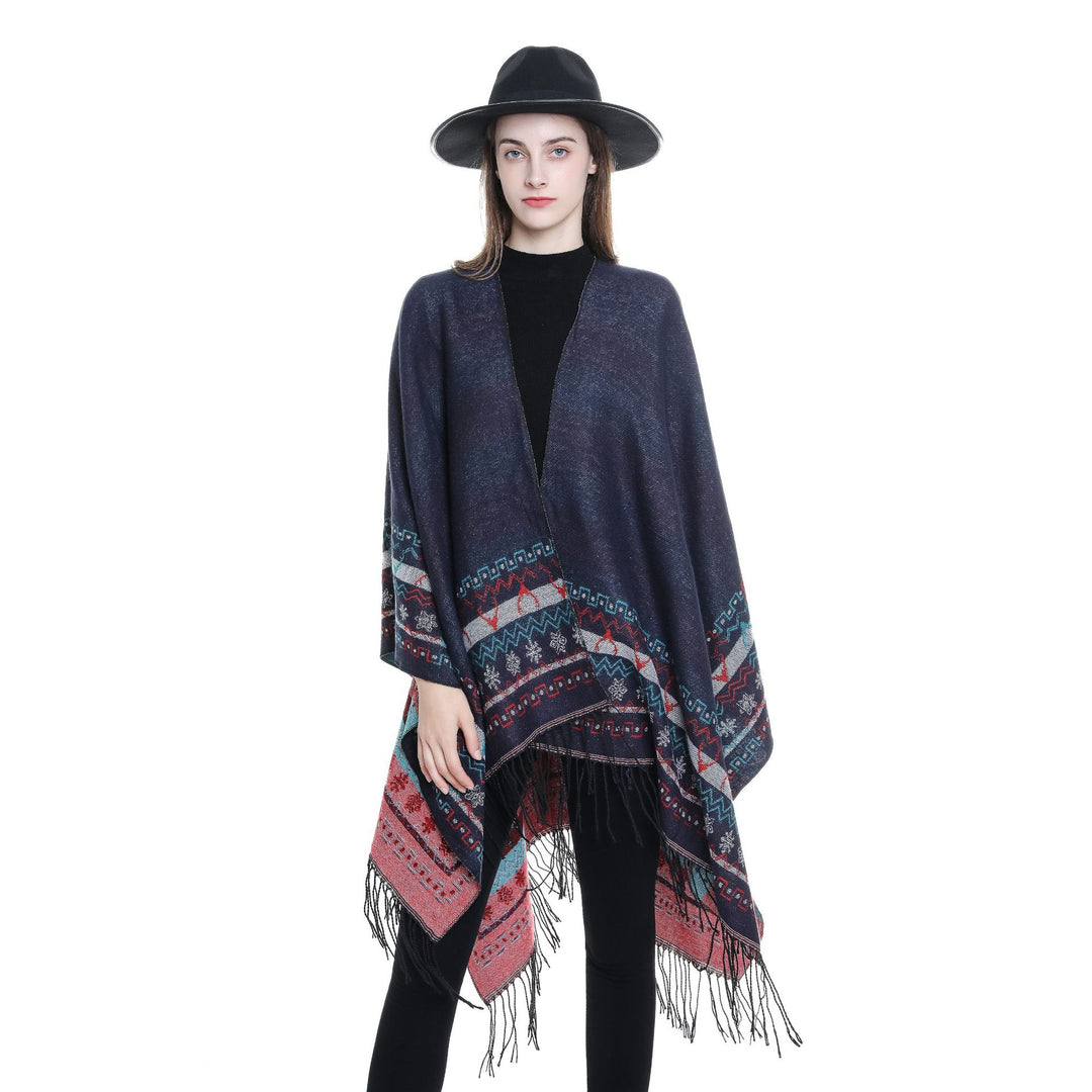 Damen Wollmix-Kimono-Poncho mit Norwegerbordüre und Fransen Drune