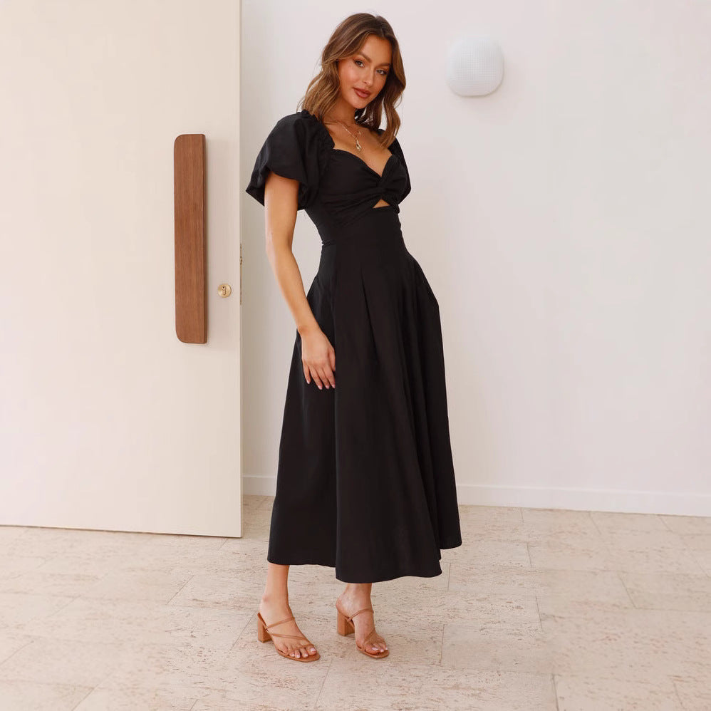 Damen Midikleid mit verspieltem Knotendetail und puffärmeligem Design Drune