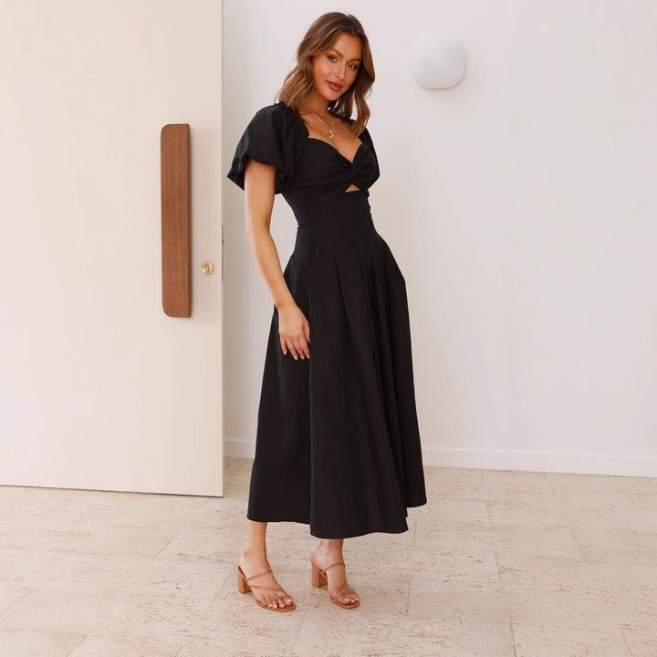 Damen Midikleid mit verspieltem Knotendetail und puffärmeligem Design Drune