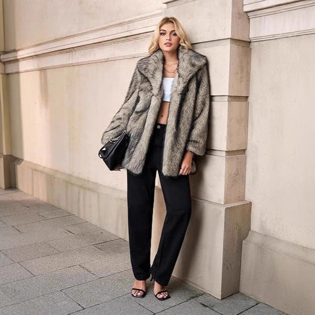 Damen Kurzer Faux‑Fur‑Mantel mit weitem Schalkragen, offener Front und Eingrifftaschen Drune