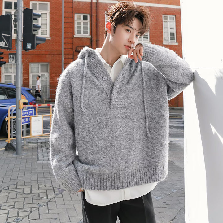 Herren Modischer Grobstrickpullover mit Kapuze Drune