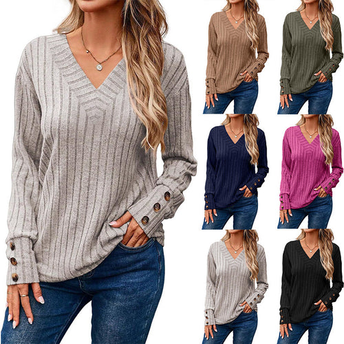 Damen lässiger V-Ausschnitt Pullover mit strukturiertem Rippdesign und eleganten Knopfdetails Drune