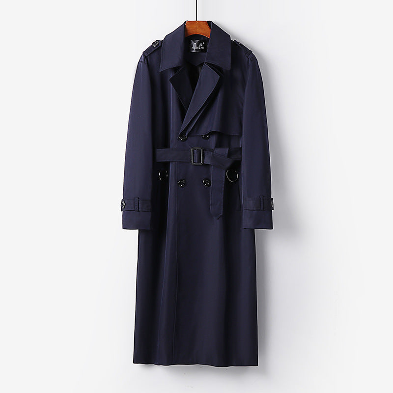 Herren Eleganter knöchellanger Trenchcoat mit verdeckter Knopfleiste und Taillengürtel Drune