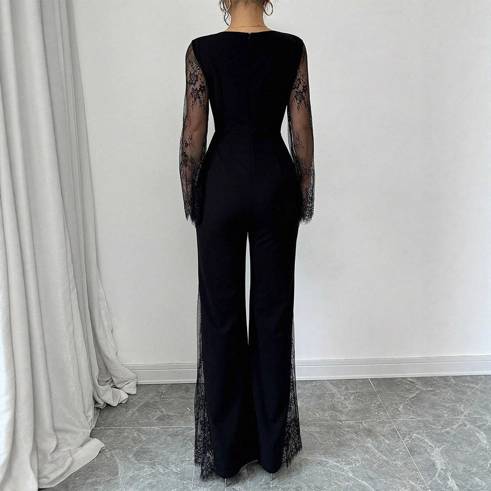 Damen Eleganter Jumpsuit mit schimmernder Spitze und weitem Bein Drune