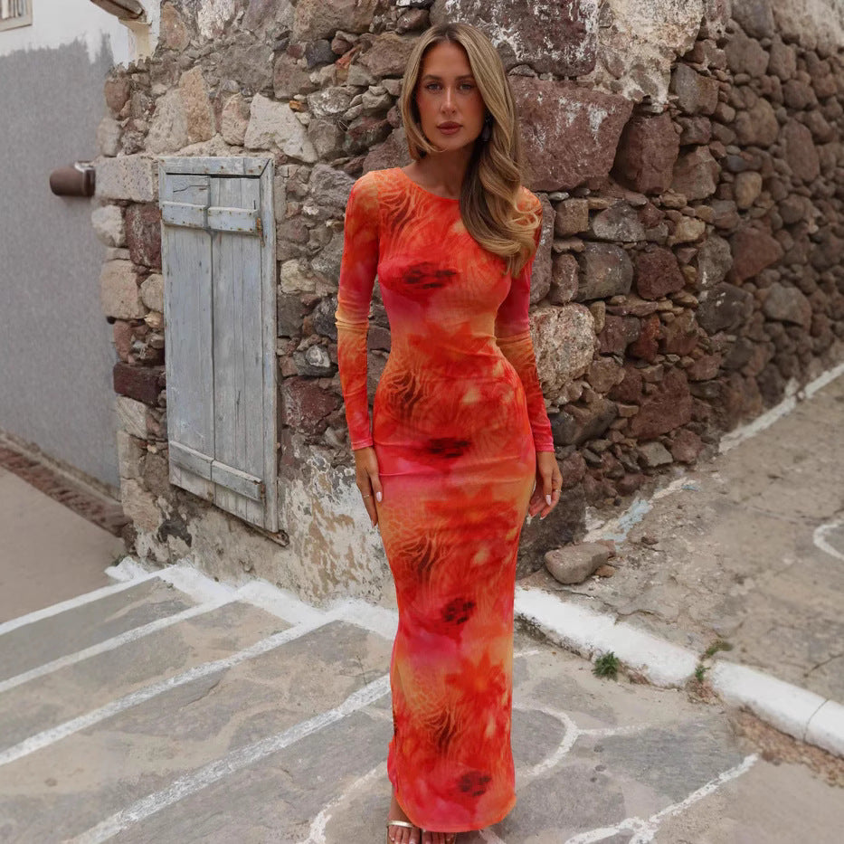 Damen Langarm Maxikleid mit subtilen durchsichtigen Effekten und einzigartigem Farbverlauf Drune