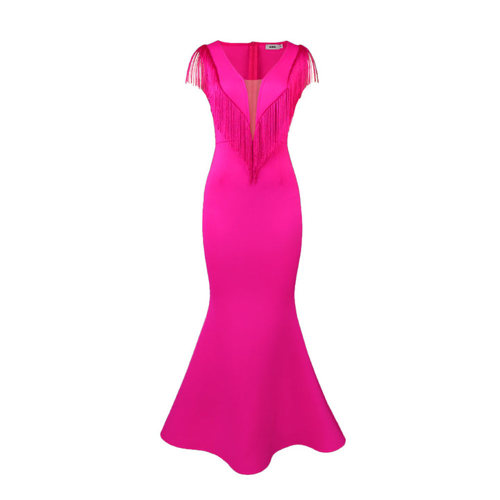Damen figurbetontes Abendkleid mit Fransen und tiefem V-Ausschnitt Drune