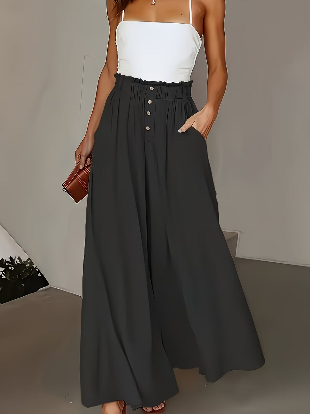 Damen weite Leinenhose mit hohem, gerafftem Bund und Knopfverzierung Drune