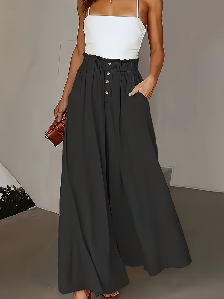 Damen weite Leinenhose mit hohem, gerafftem Bund und Knopfverzierung Drune