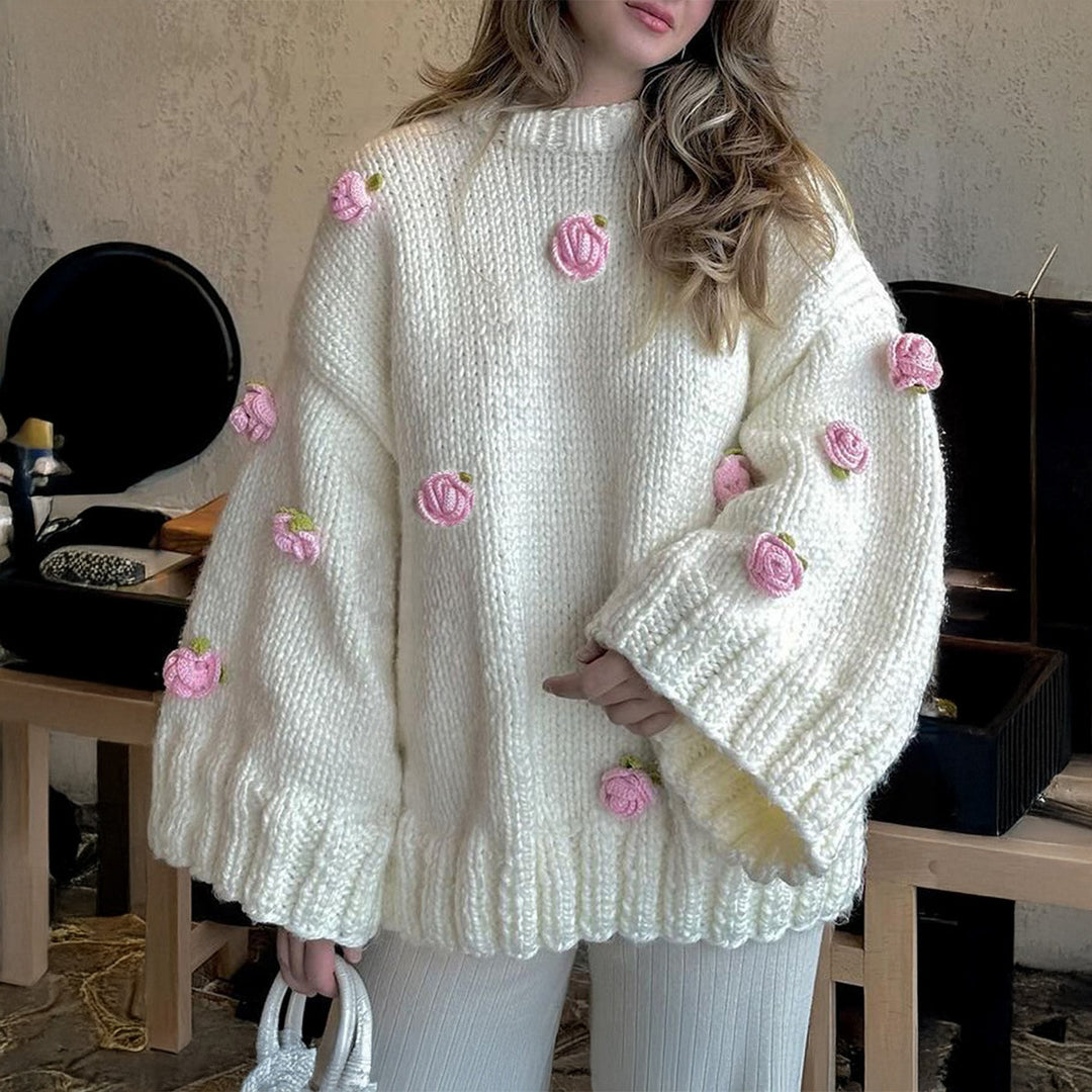 Damen nan Oversize-Strickpullover mit 3D-Blütenapplikationen und weiten Trompetenärmeln Drune