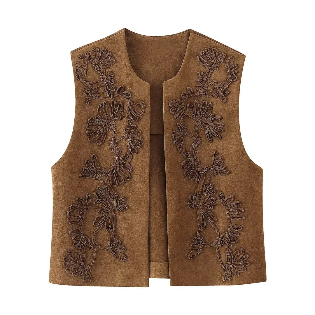 Damen nan bestickte Wildlederweste mit offenem Schnitt, floraler Applikation und taillierter Silhouette Drune