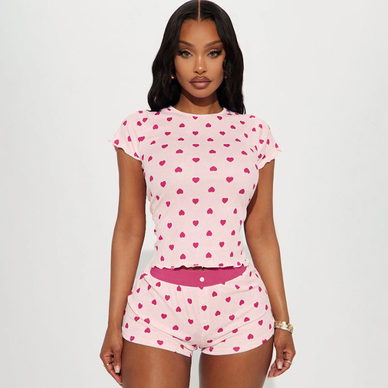 Damen Pyjama Set mit herzförmigem Muster und elastischem Bund Drune